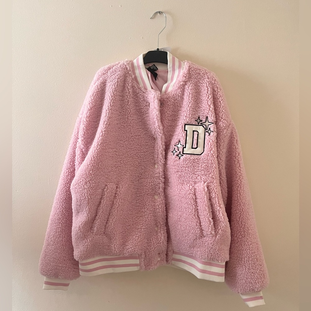 Forever 21 Pink Fleece Varsity Jacket with Patch oversized